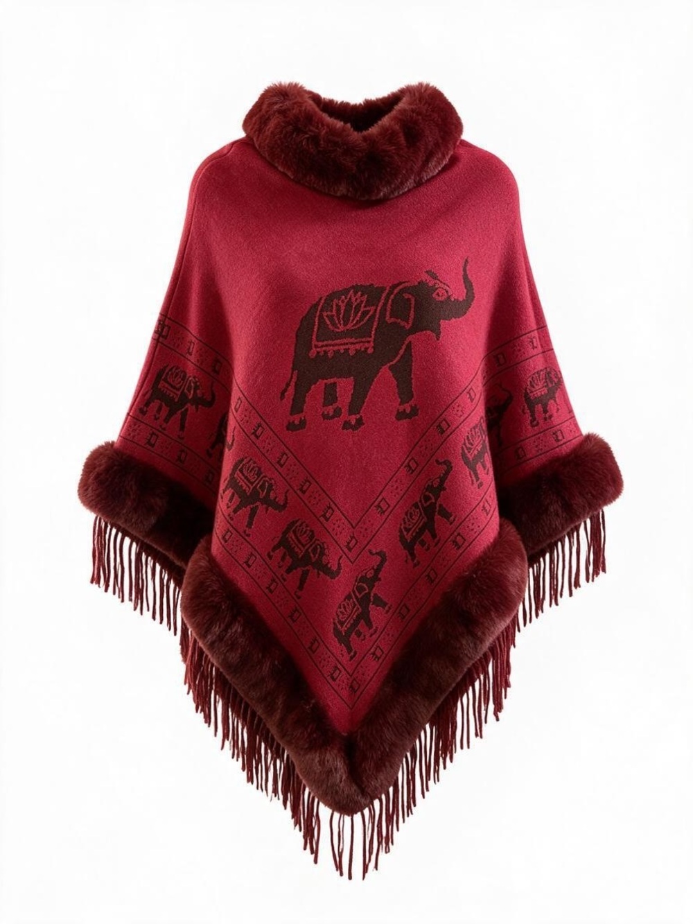 Plush Faux Fur Trim Burgundy Elephant Poncho